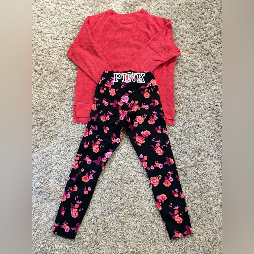 PINK Victoria's Secret Black Floral Leggings and Matching Sweatshirt